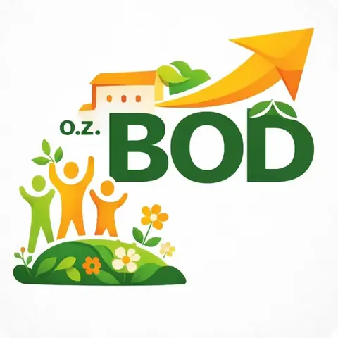 Logo O.Z. BOD: deti na zelenom kopci, domček a šípka nahor